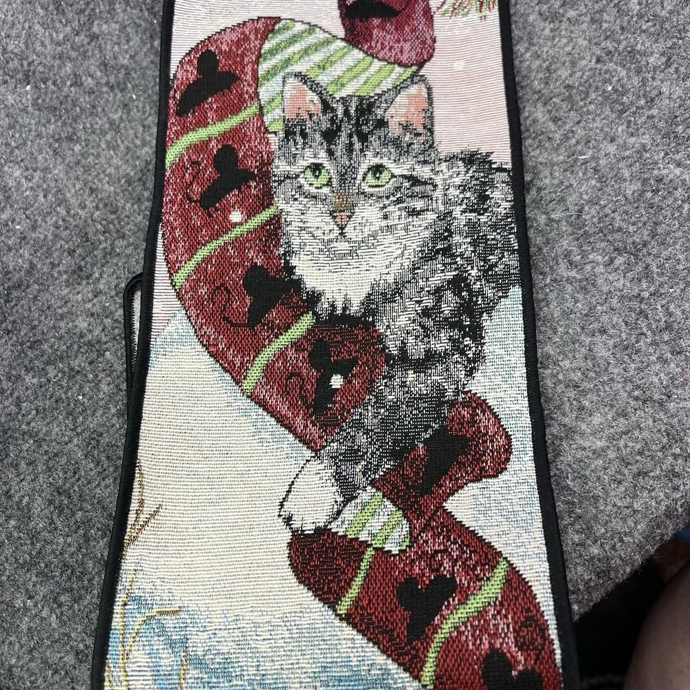 Paws For Christmas Cat & Chickadee Hanging Tapestry Bell Pull 6.25